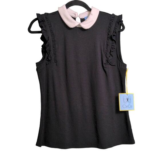 Cece Womens Tank Top Black Sleeveless Peter Pan Collar Stretch Ruffles M New - Picture 1 of 10